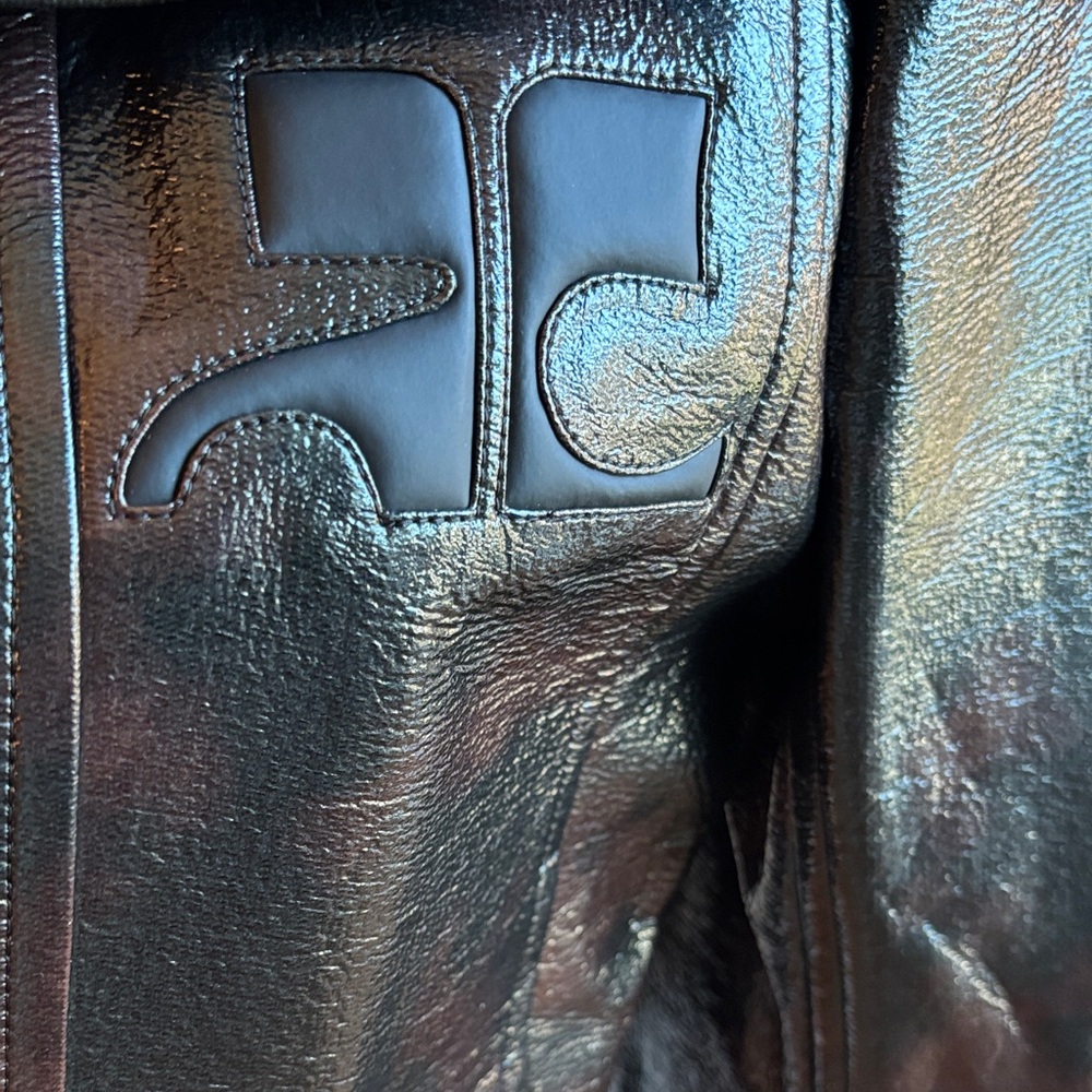 Women's Black Patent Leather Cropped Jacket with Embossed Logo - Picture 2 of 4